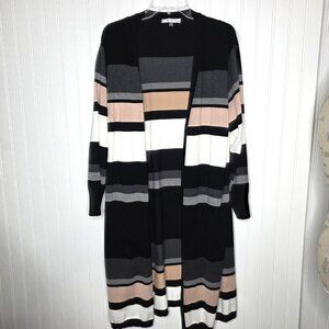 Liquid by Sioni Cardigan Womens 1X Black Beige White Striped Duster Sweater Boho
